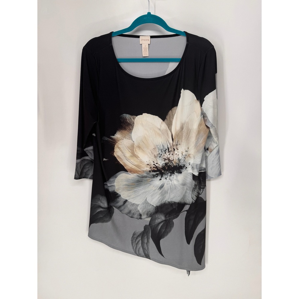 Chico's Top Women 2 Black EUC Floral Asymmetrical Hem 3/4 Sleeve Tunic Artsy